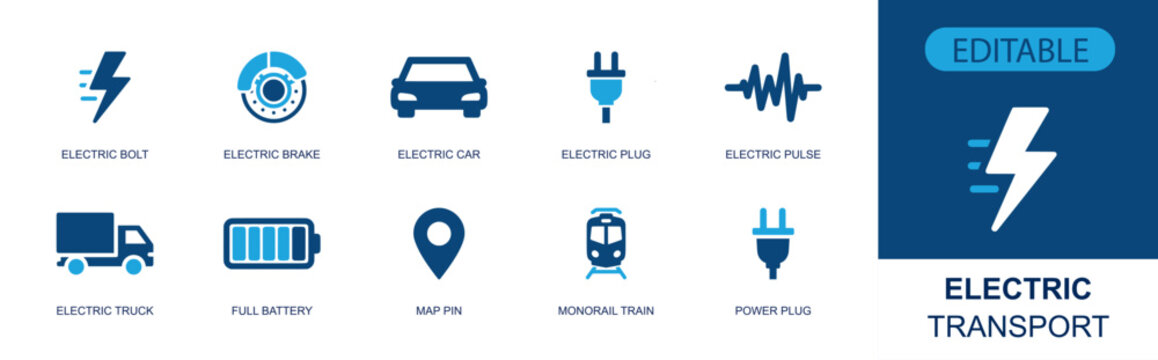 Electric transport icon set. Containing electric bolt, brake disc, car, charging plug, full battery, electric truck, map pin, monorail train, power plug and more. Solid fill vector icons.