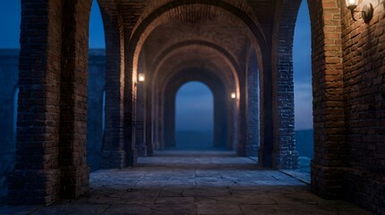 Fototapeta premium Historic Roman Archway Entrance Leading Towards Blue Horizon