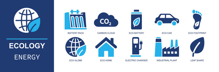 Ecology energy icon set. Containing battery pack, carbon cloud, eco battery, eco car, eco footprint, eco globe, electric charger, factory, leaf shape and more. Solid fill vector icons. © Ella