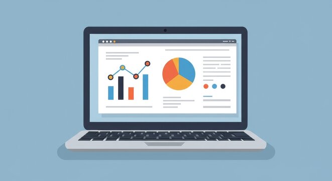 Computador port&aacute;til exibindo gr&aacute;ficos e tabelas para an&aacute;lise de neg&oacute;cios.