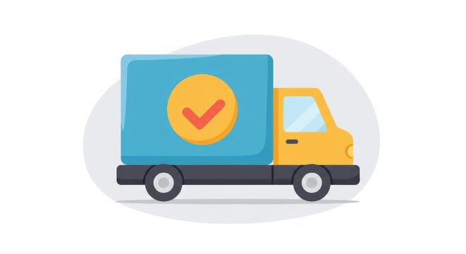 Caminh&atilde;o de entrega com ilustra&ccedil;&atilde;o de marca de sele&ccedil;&atilde;o indicando o envio e transporte.