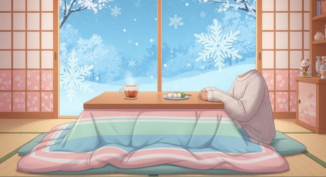 Cena aconchegante de inverno com ch&aacute; e neve do lado de fora da janela, ideal para relaxar.