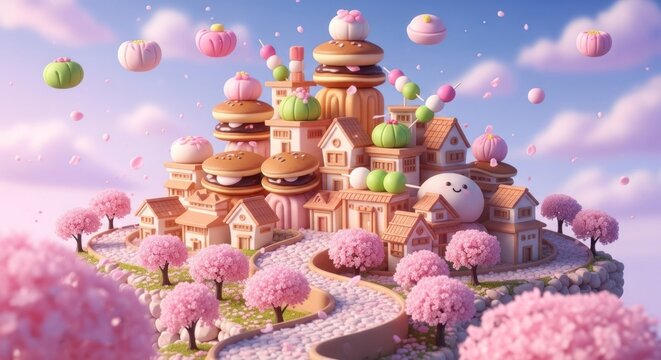 Castelo de comida fant&aacute;stico com flores cor-de-rosa e c&eacute;u em ilustra&ccedil;&atilde;o caprichosa