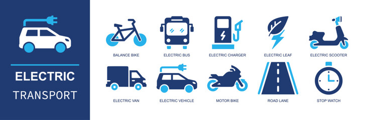 Electric transport icon set. Containing balance bike, electric bus, charger station, eco leaf, scooter, electric van, electric car, motorbike, road lane and more. Solid fill vector icons. © Ella