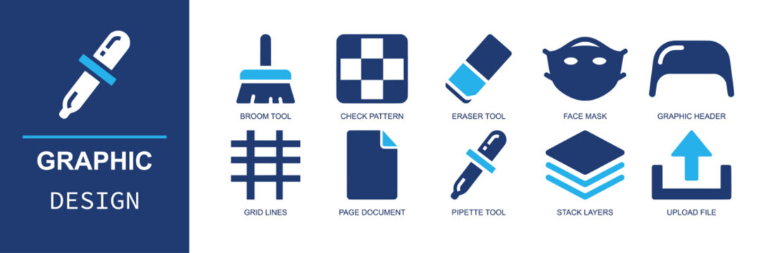 Graphic design icon set. Containing broom tool, check pattern, eraser tool, face mask, header, grid lines, page document, pipette tool, stack layers and more. Solid fill vector icons.
