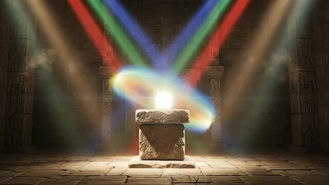 Mysterious Ancient Altar with Rainbow Light Beams and Bright Light Burst.