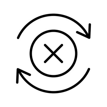 Black round check sync disapproved line icon, failed rotating spin with cross mark flat design pictogram vector, app logo ads web webpage button ui ux interface elements isolated on white background