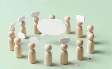 Obraz premium Wooden figures surround large speech bubble symbolizing group