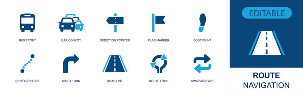 Route navigation icon set. Containing bus front, car convoy, direction pointer, flag marker, foot print, right turn, road line, route loop, swap arrows and more. Solid fill vector icons.