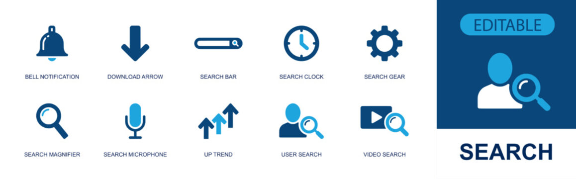 Search icon set. Containing bell notification, download, search bar, search clock, search gear, search magnifier, user search, video search, microphone and more. Solid fill vector icons.