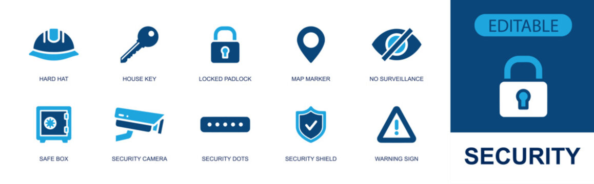 Safety and security icon set. Containing hard hat, house key, locked padlock, map marker, security camera, safe box, password dots, warning sign, shield and more. Solid fill vector icons.