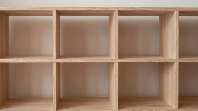 High-resolution wooden shelf made light-colored wood likely oak maple arranged grid-like structure divided equ