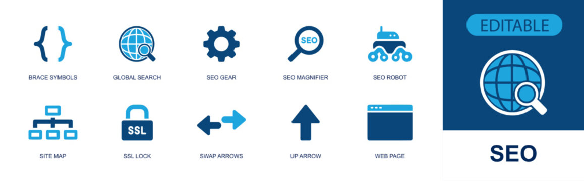 SEO icon set. Containing brace symbols, global search, SEO gear, SEO magnifier, SEO robot, site map, secure SSL lock, swap arrows, website pages and more. Solid fill vector icons.