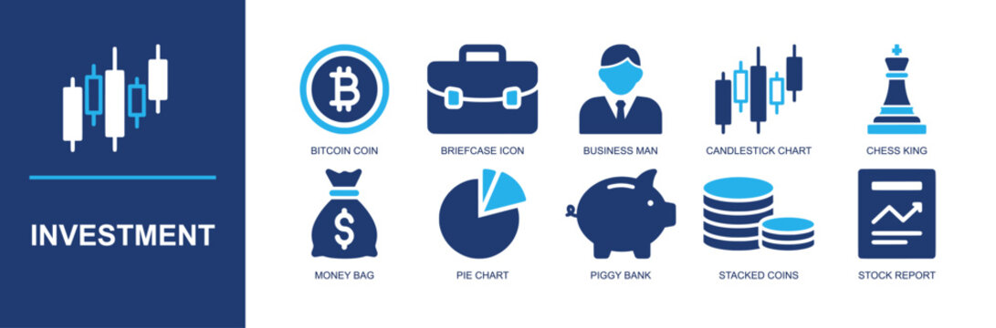 Investment icon set. Containing bitcoin coin, briefcase, businessman, candlestick chart, chess king, money bag, pie chart, piggy bank, stacked coins and more. Solid fill vector icons.