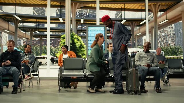 People in a hurry bumping into each other near departure board at crowded bus terminal. Urban transportation scene featuring rushing passengers, cross-country coach routes and dynamic life in motion.