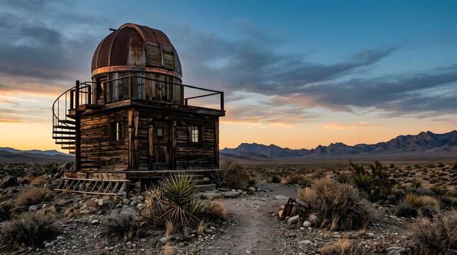 Abandoned Western structure in vast desert landscape at sunset