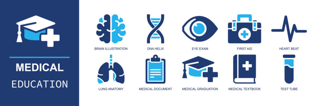 Medical education icon set. Containing brain illustration, DNA helix, eye exam, first aid, heartbeat, lung anatomy, medical document, textbook, test tube and more. Solid fill vector icons.