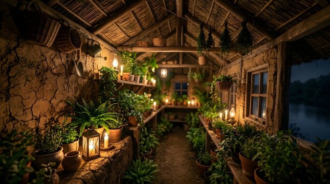 Cozy indoor greenhouse filled with exotic potted plants and herbs
