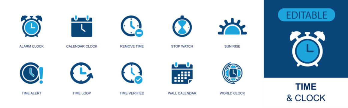 Time and clock icon set. Containing alarm clock, calendar clock, remove time, stopwatch, sunrise, time alert, time loop, wall calendar, world clock and more. Solid fill vector icons.