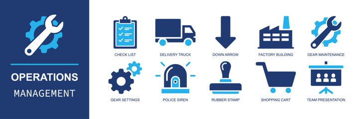 Operations management icon set. Containing checklist, delivery truck, down arrow, factory building, gears, siren, stamp, shopping cart, team presentation and more. Solid fill vector icons. © Ella