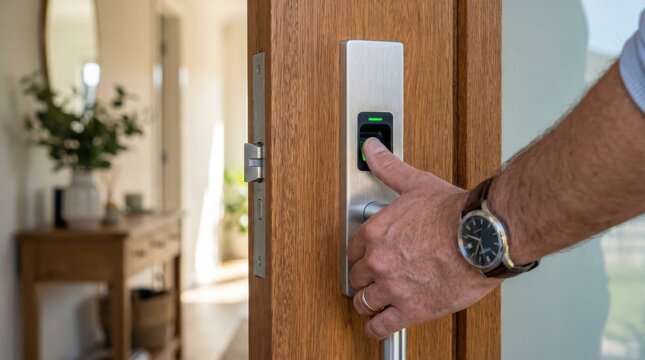 Man using a biometric fingerprint scanner to unlock a modern wooden home front door