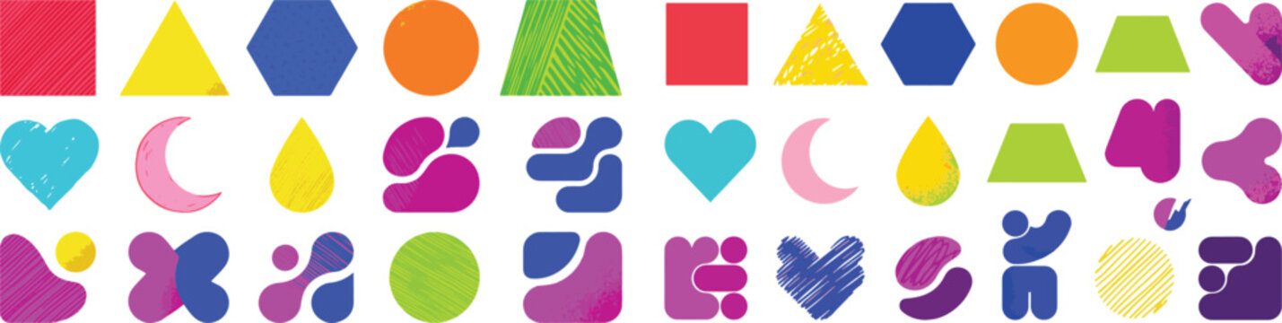 Abstract geometric shapes collection with minimalist colorful basic forms and trendy graphic elements on isolated background