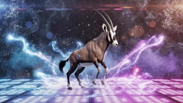 Arabian oryx performs dance on lit floor with colorful lights and effects in a computer-generated animation