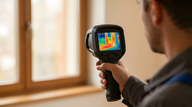 Inspector using a thermal camera near a window, showing heat loss detection, residential energy audit, building inspection, and home energy efficiency assessment