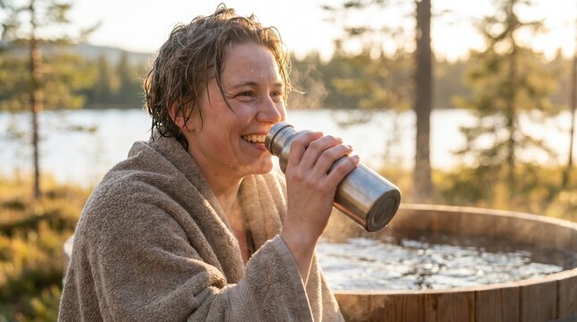 Smiling woman wrapped in a towel drinking from a metal flask while sitting in an outdoor wooden hot tub