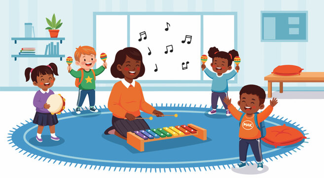 Happy diverse children and teacher playing music together in a colorful classroom, vector illustration