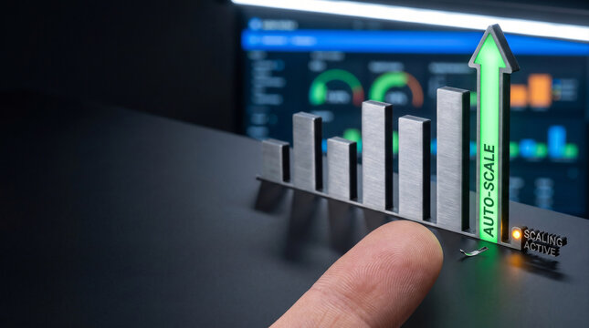 Laser‑Engraved Bar Chart with Auto‑Scale Arrow and Amber LED &ndash; Inference Autoscaler Macro &ndash; Demand‑Driven Compute &ndash; Overhead Linear LED