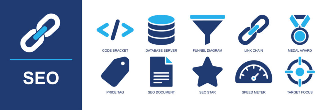SEO icon set. Containing code brackets, database server, funnel diagram, link chain, medal award, price tag, SEO document, speed meter, target focus and more. Solid fill vector icons.
