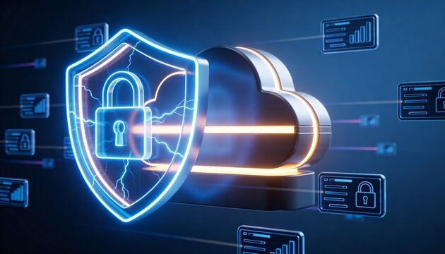 Cloud Storage Electric Blue Energy Shield 3D Render, Luminous Cybersecurity Protection Concept, Encrypted Data Packet Streams, Dark Blue Futuristic Digital Background
