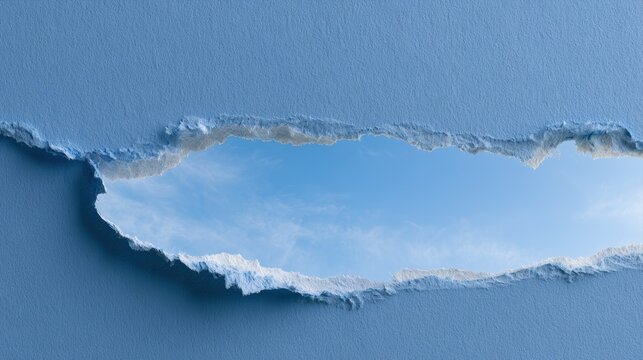 Blue ripped paper hole effect revealing bright sky behind dramatic torn opening
