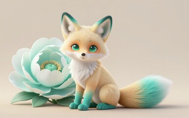 Fototapeta premium Adorable fox with turquoise accents sits beside large soft flowers.