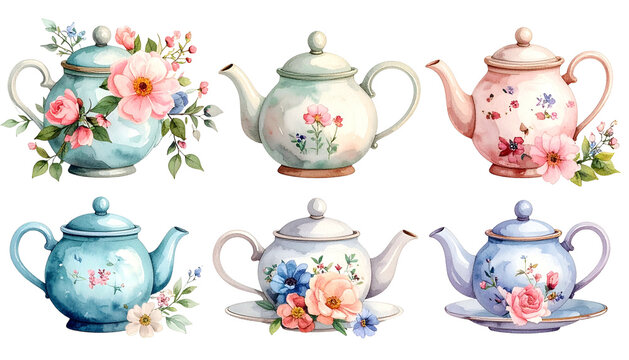 Six watercolor teapots adorned with floral arrangements and delicate patterns against a transparent background