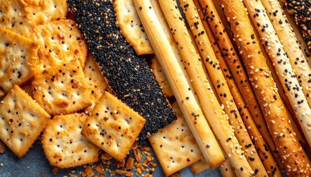 Variety of crackers and breadsticks with seeds are arranged on a surface.