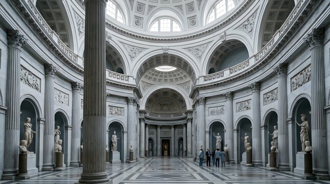 Grand architectural interior, rotunda, classical style museum hall