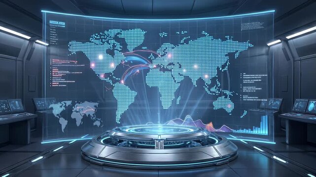 Interactive world map interface displaying global data and logistics routes in futuristic command center. Lockdown wide shot.