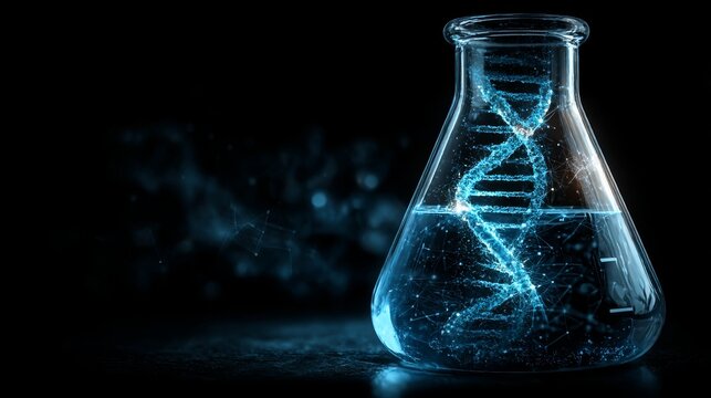 Futuristic DNA Helix in Laboratory Flask &mdash; Digital Visualization of Genetic Code Against Dark Background