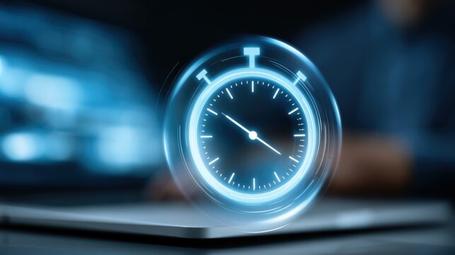 Floating holographic time management icons over futuristic workspace, efficiency and deadline concept