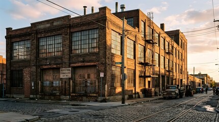 Fototapeta premium Historic brick industrial warehouse street architecture in urban city