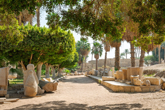 Remnants of statues, sarcophagi and architectural fragments at the Memphis Open-Air Museum in Mit Rahina, Egypt, which preserves ruins from the ancient capital city of Memphis.
