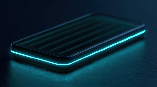 Dark mode smartphone mockup with neon reflections and futuristic app interface style
