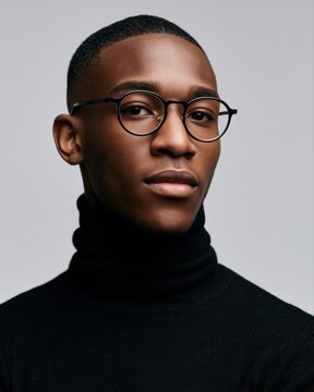 minimal tech entrepreneur portrait with modern glasses and black turtleneck aesthetic