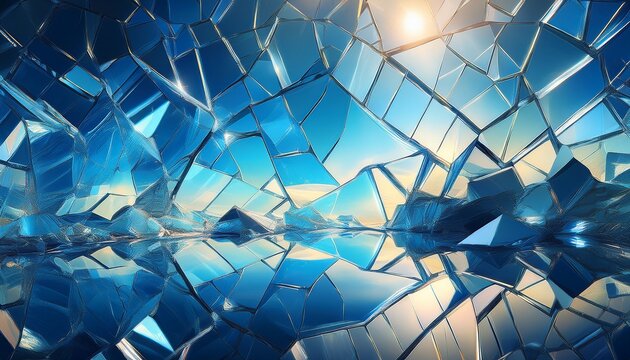 broken glass background of mirror reflecting blue sky