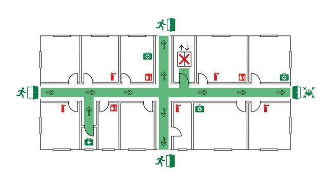 Emergency evacuation floor plan with exit routes and safety symbols