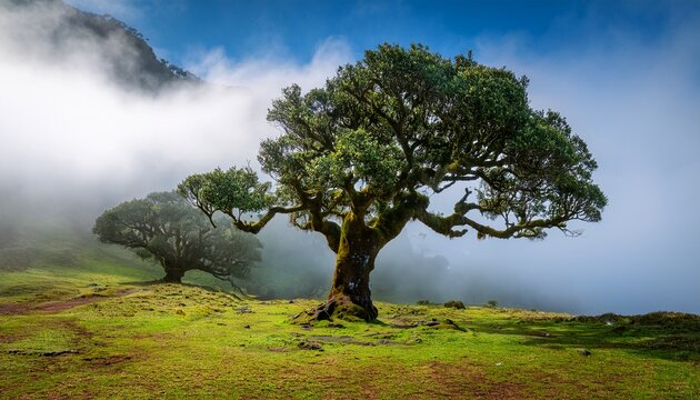 laurel forest tree in mist and fog in laurisilva forest of paul da serra fanal forest on the island of madeira portugal