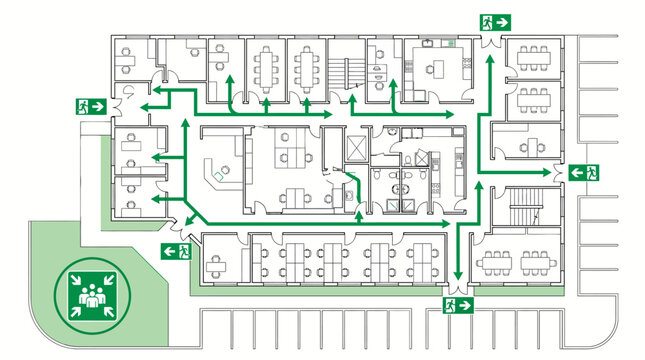 Detailed Office Floor Plan with Emergency Exit Routes