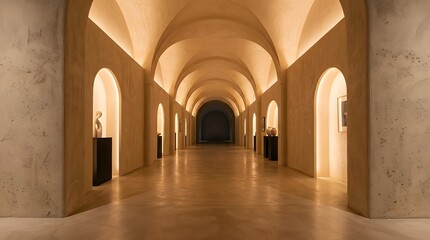 Fototapeta premium Modern Gallery Hallway with Art Exhibits and Architectural Lighting